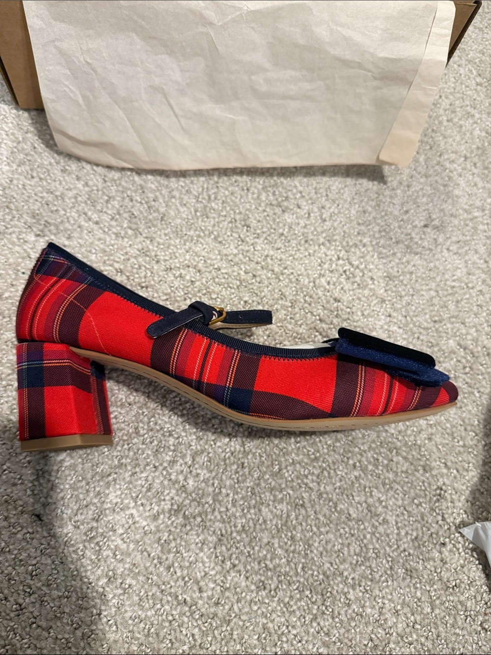 Boden Red Plaid Mary Jane Heel with Navy Trim and Bow